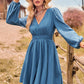 V-Neck Long Sleeve Smocked Waist Mini Dress