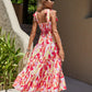 Tie Shoulder Straight Neck Smocked Tiered Dress