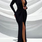 Ruched Slit Plunge Long Sleeve Dress