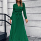 V-Neck Tie Waist Pleated Maxi Dress