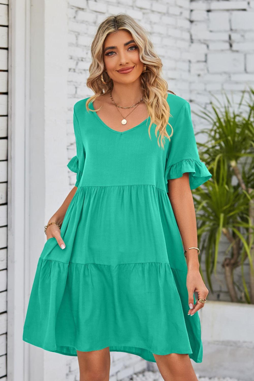 Lesly's V-Neck Flounce Sleeve Tiered Dress